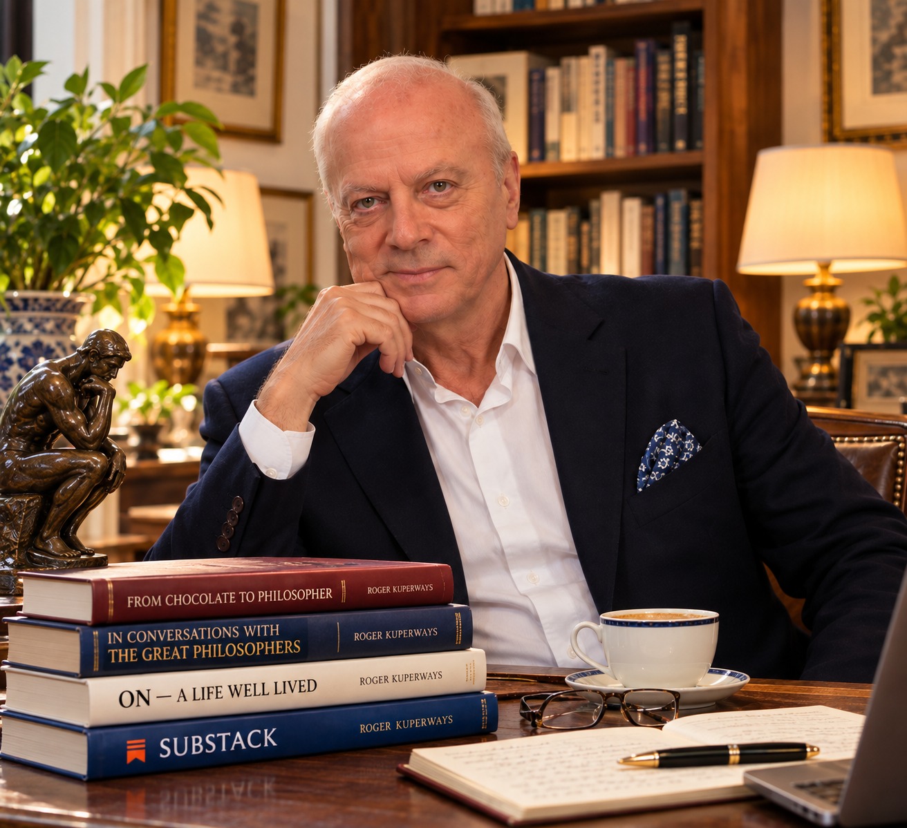 Roger Kuperways in his study with his writing
